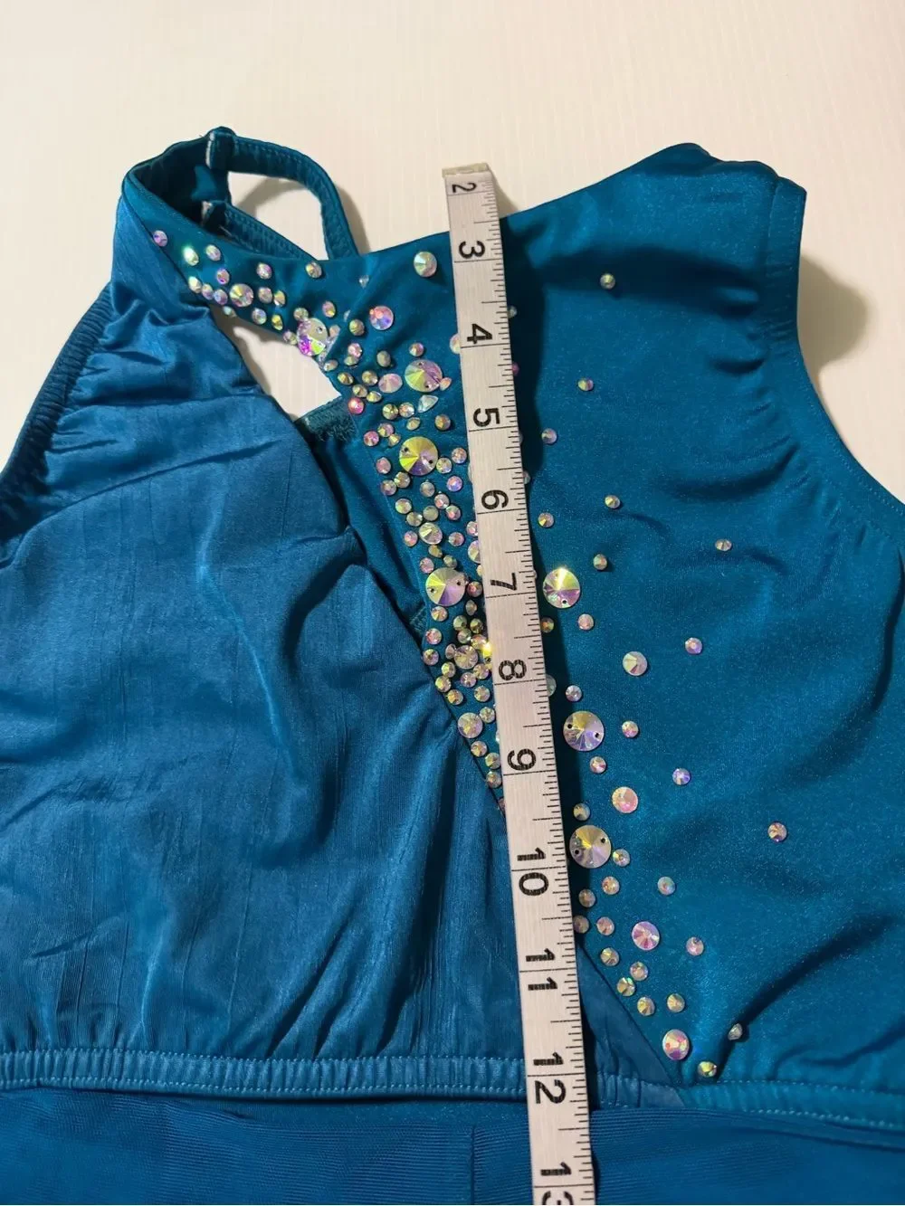 Kelle dance solo costume teal blue 2 piece custom rhinestone MA-Medium adult